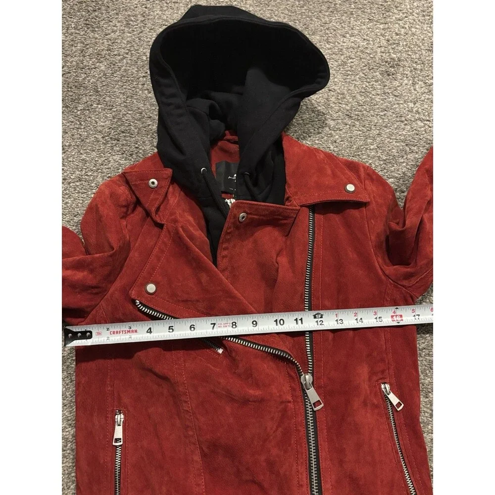 7 For All Mankind Leather Suede Moto Jacket Removeable Hood Women’s Small Red